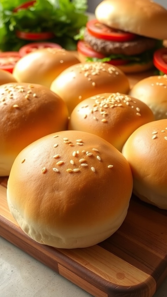 Golden brown homemade hamburger buns made with 00 flour on a wooden board, with fresh ingredients for assembling burgers.